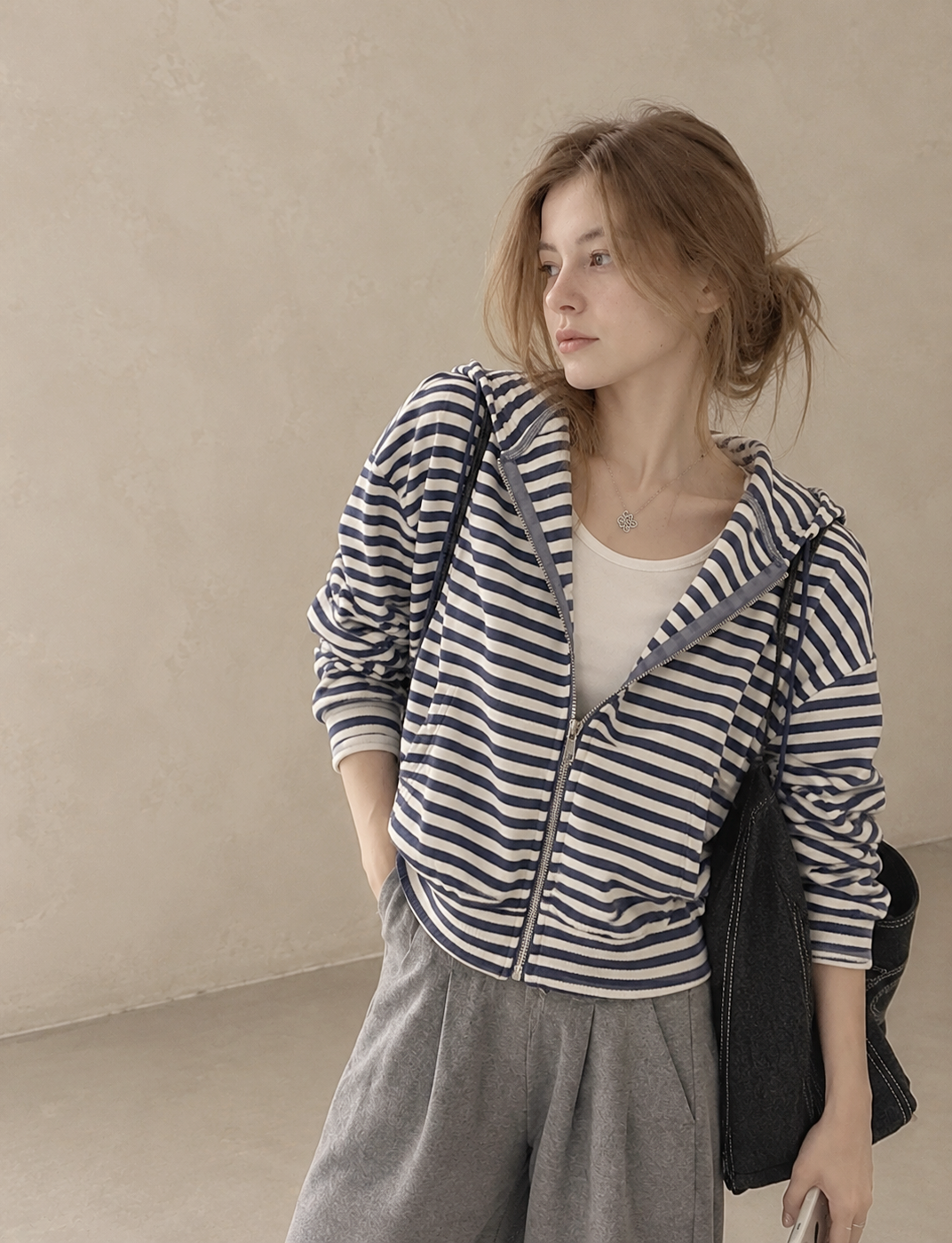 Korean-Inspired Blue Striped Hooded Zip-Up