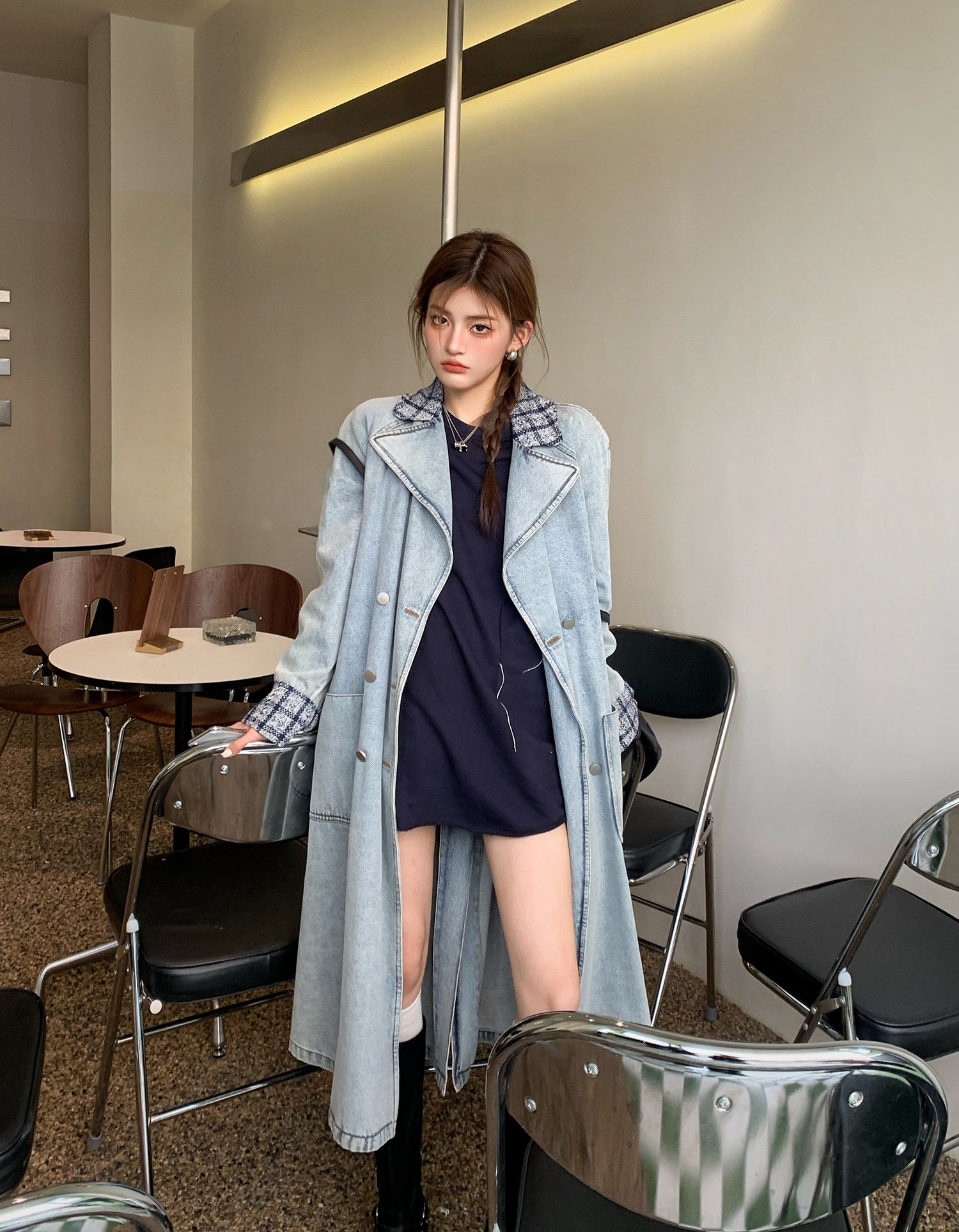 Elegant Tweed Patchwork Washed Denim Trench Coat