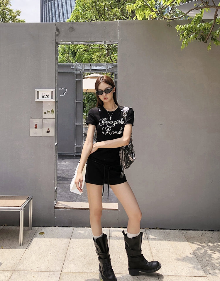 Black Structured Shoulder Beaded Cotton Tee