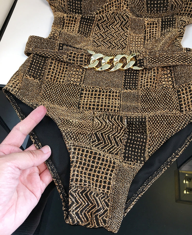 Black &amp;amp; Gold Luxe One-Shoulder Swimsuit