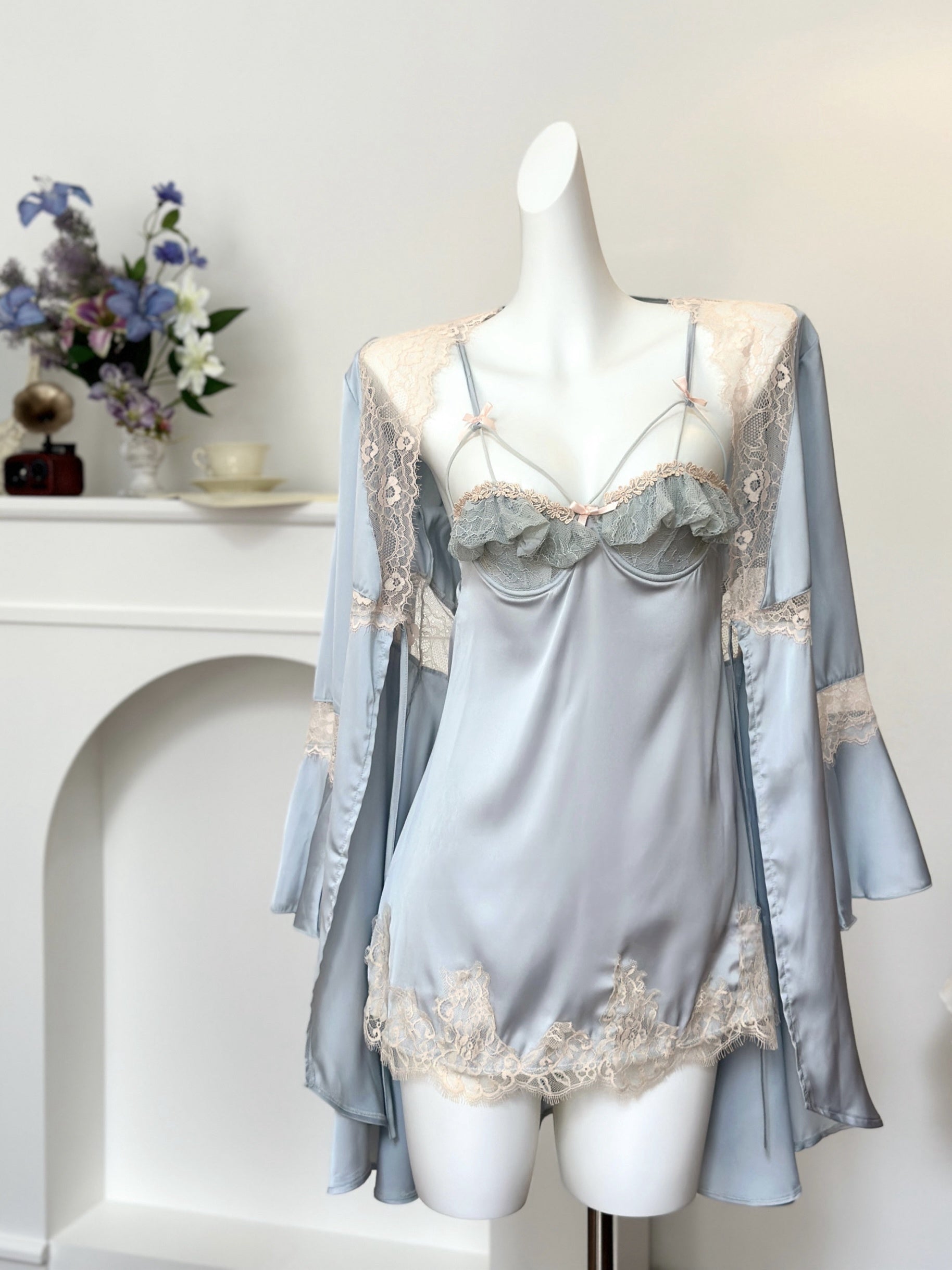 Jacquard Lace Padded Cami Nightdress + Robe Set