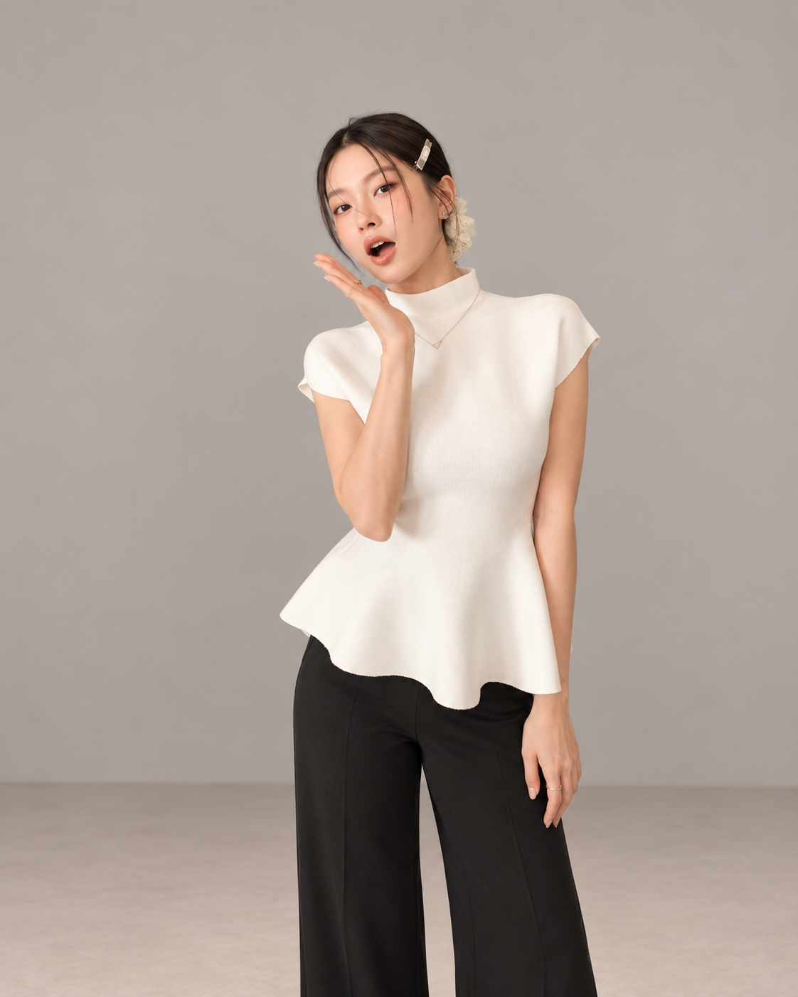 Jennie-inspired French semi-high neck ruffle hem knit top
