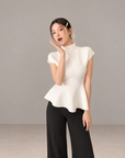 Jennie-inspired French semi-high neck ruffle hem knit top