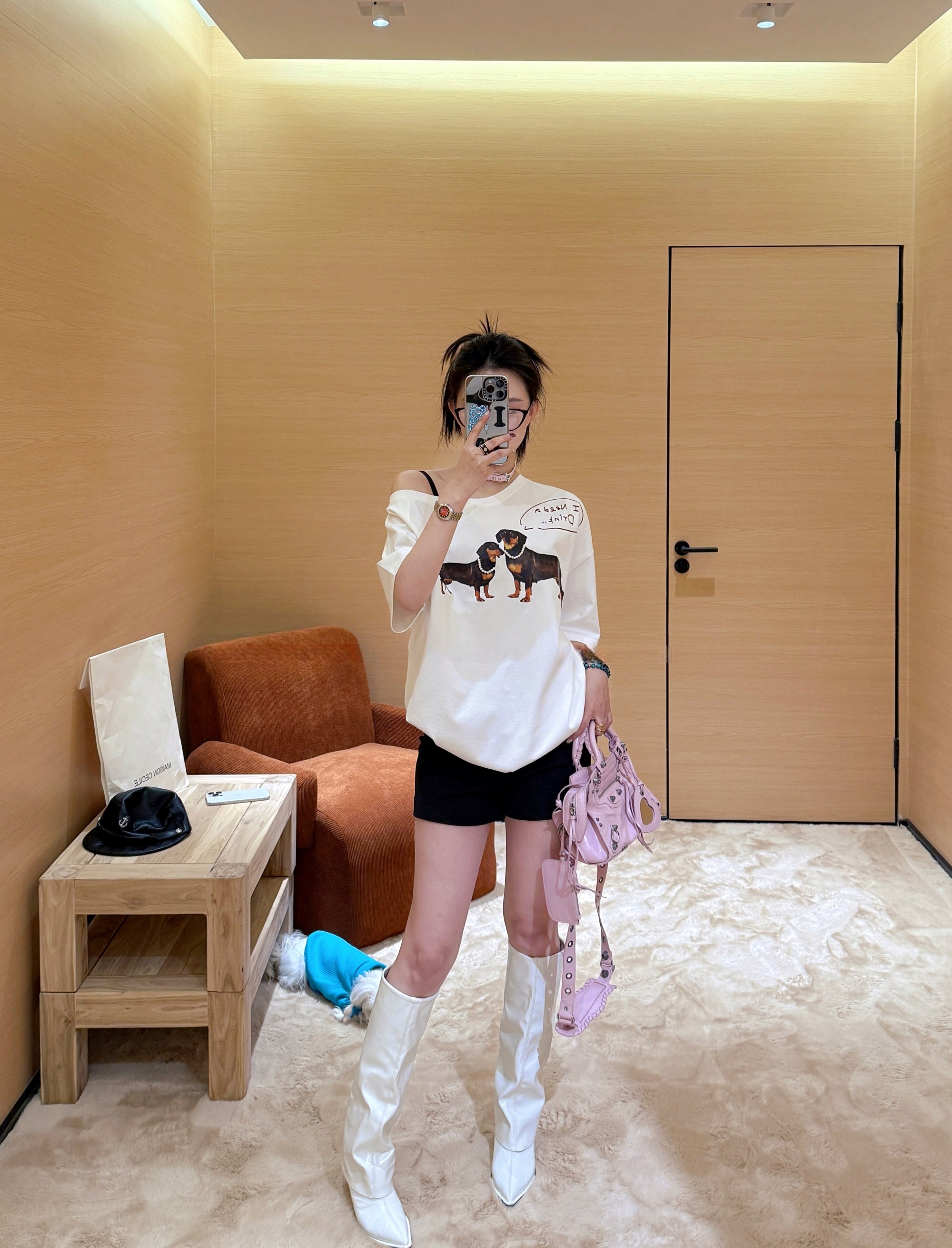 JENNIE Style One-Shoulder Oversized Dachshund Cotton Tee