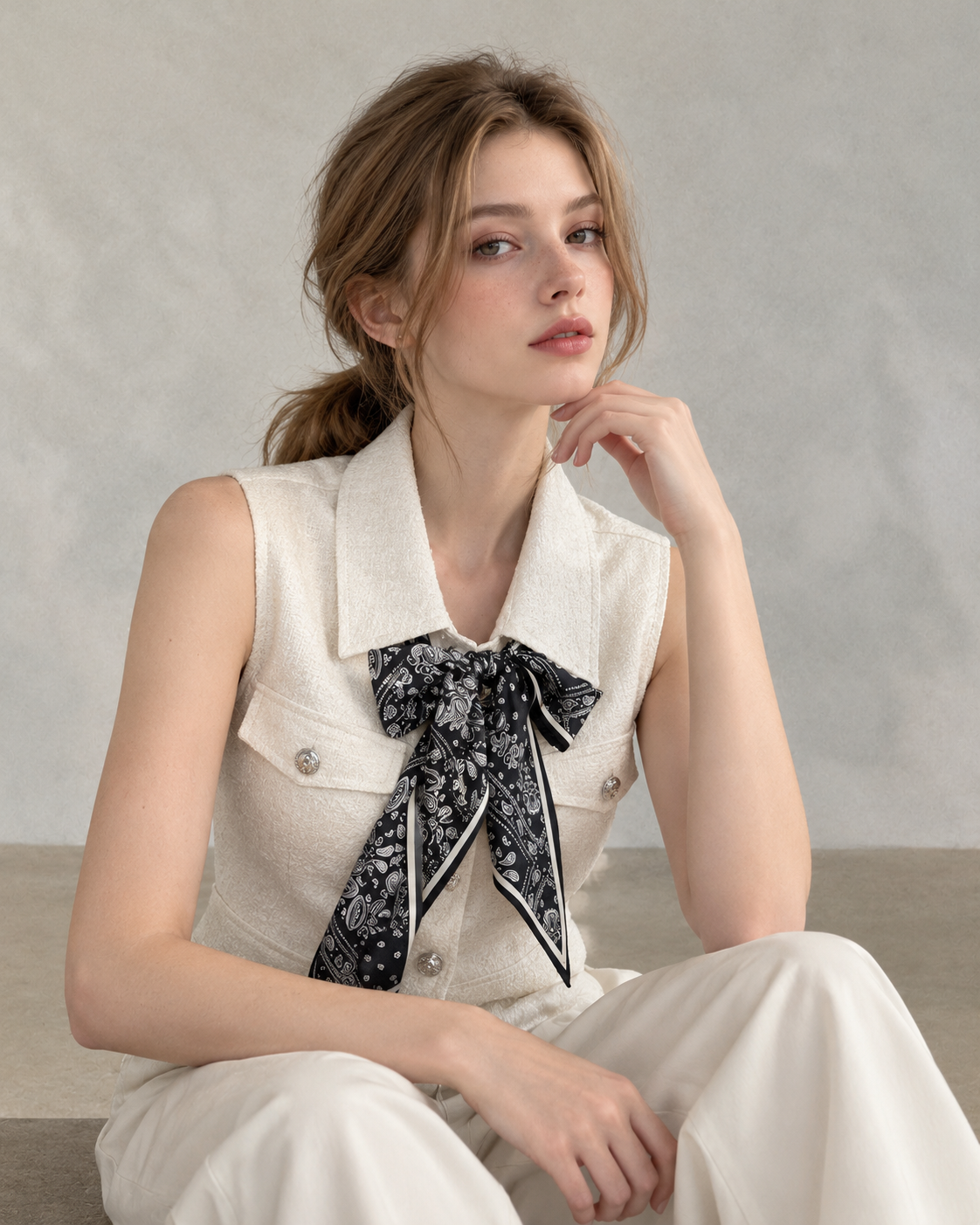 Chic polo-style tweed vest with a matching scarf.