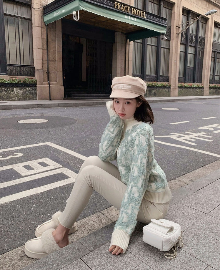 Letter Jacquard Wool Thick Jacket