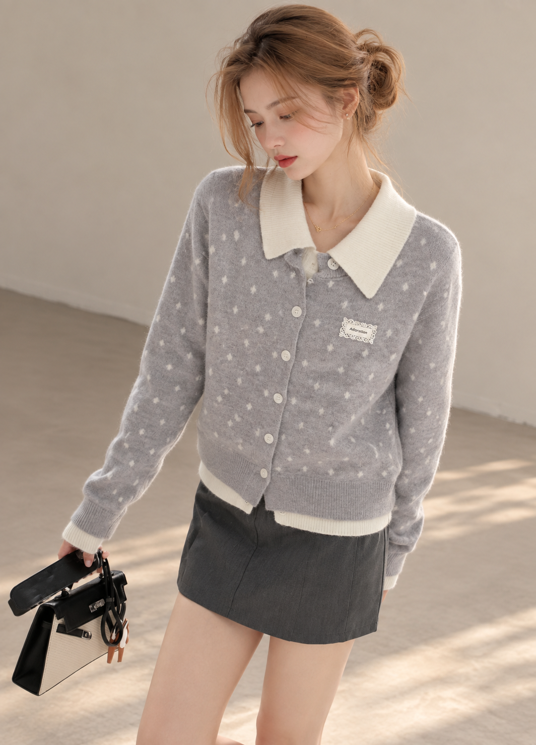 Korean-Style Layered Grey Knit Cardigan