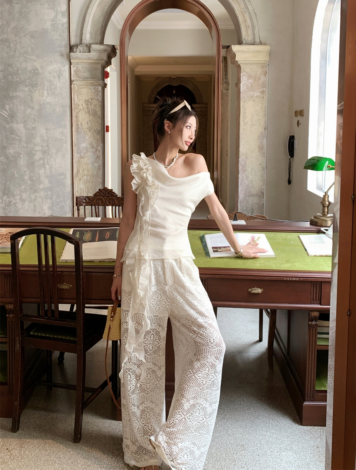 Hollow Lace Wide-Leg Pants