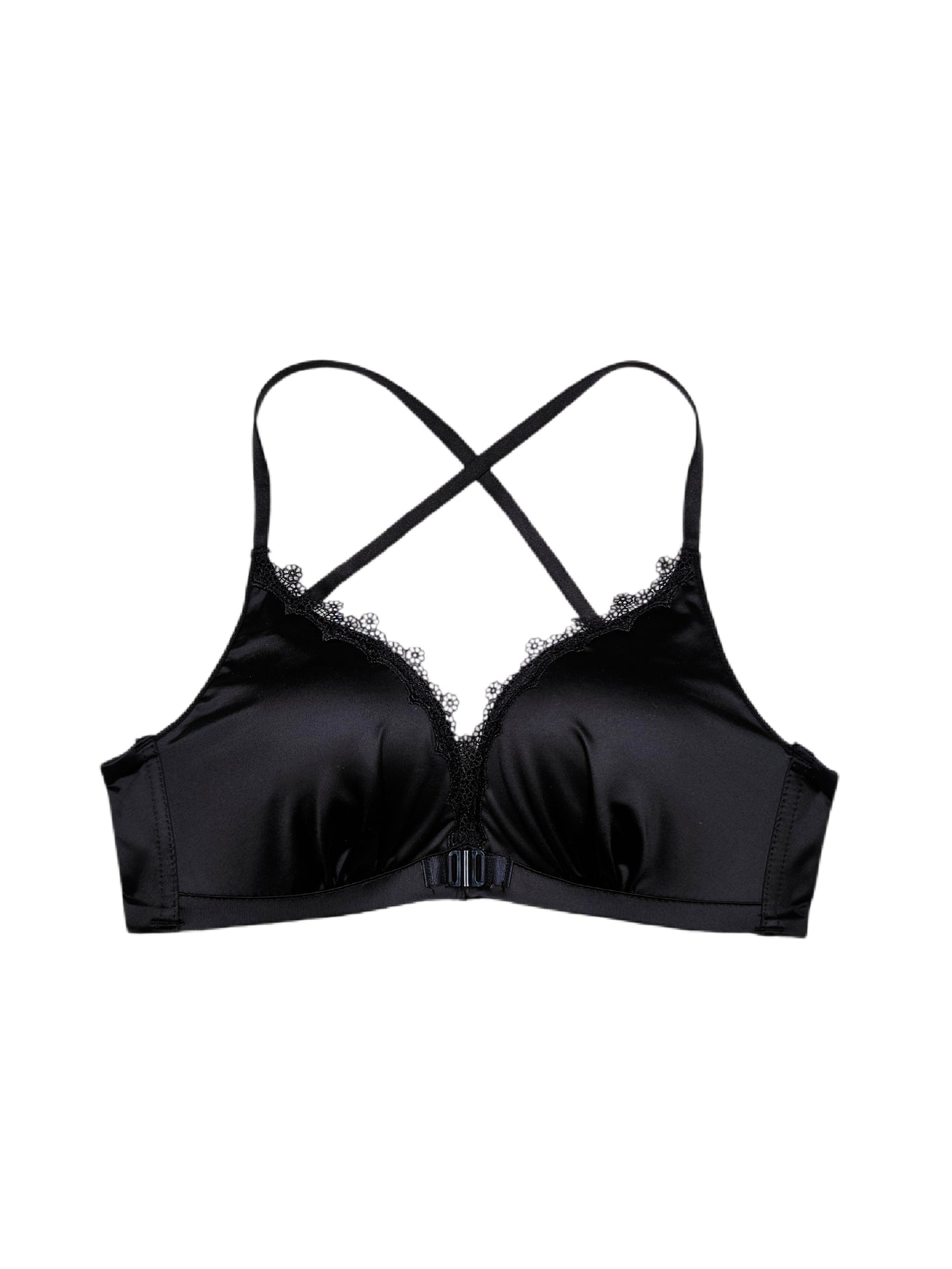 Golden Satin Cross-Back Front-Closure Bra